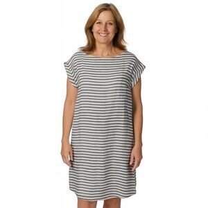 Tahari Linen Dress Small Blue White Striped Sleeveless Midi Lightweight Summer